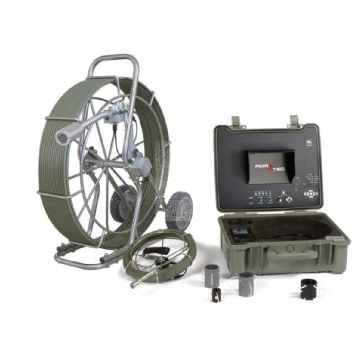 Equipo AGM TEC de inspección de tuberías con tambor de cable, unidad de control con pantalla y accesorios de centrado