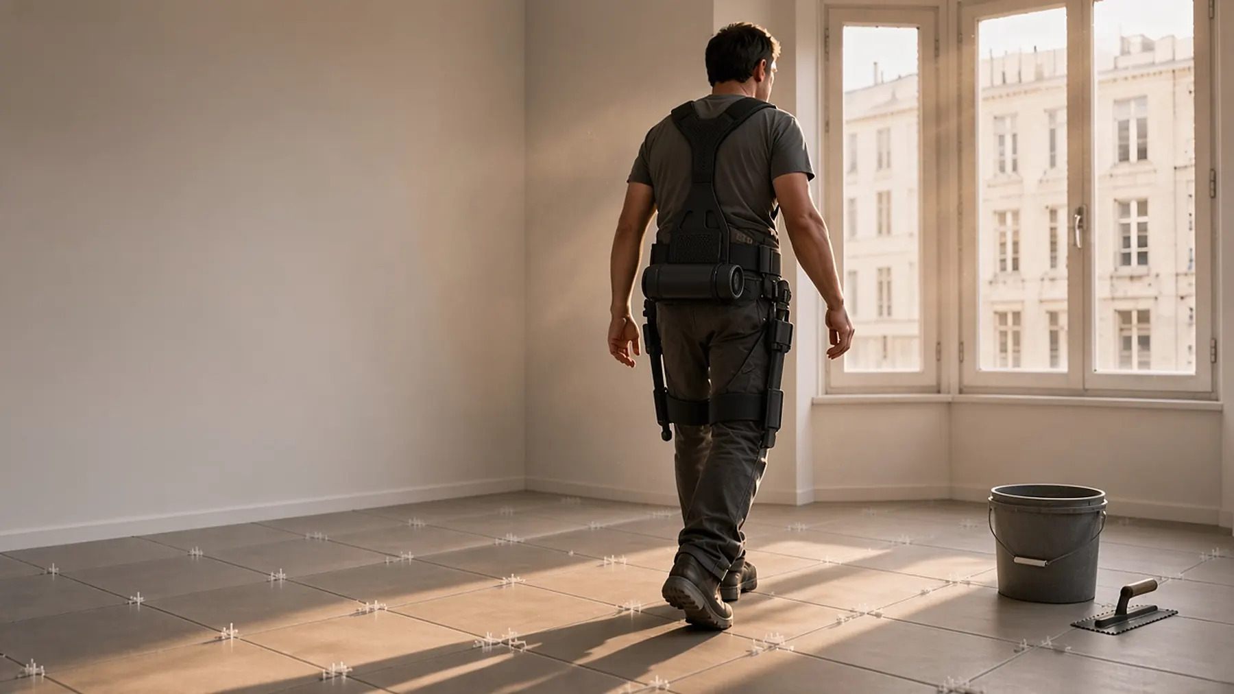 Opérateur équipé d'un exosquelette motorisé lors de la pose de carrelage dans un appartement en rénovation