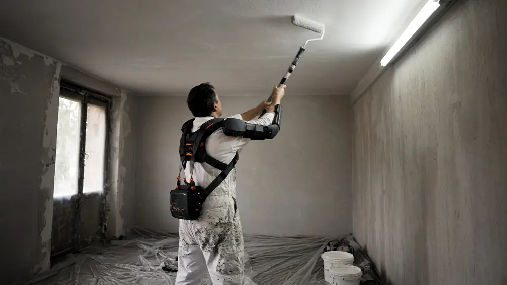 Peintre équipé d'un exosquelette de bras peignant un plafond dans un local en rénovation