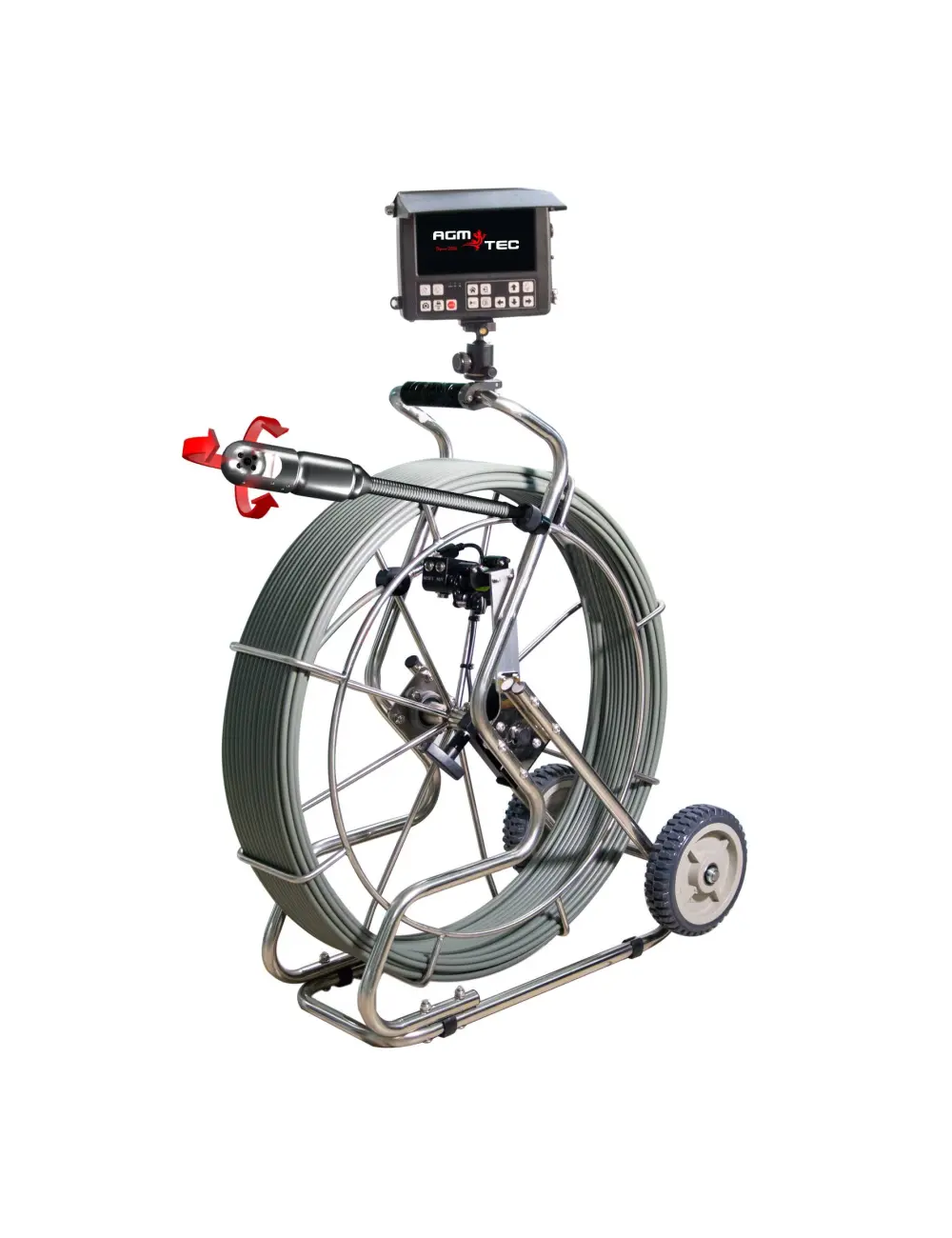 Caméra d'inspection AGM TEC sur enrouleur mobile avec moniteur de contrôle, utilisée pour le diagnostic de canalisations